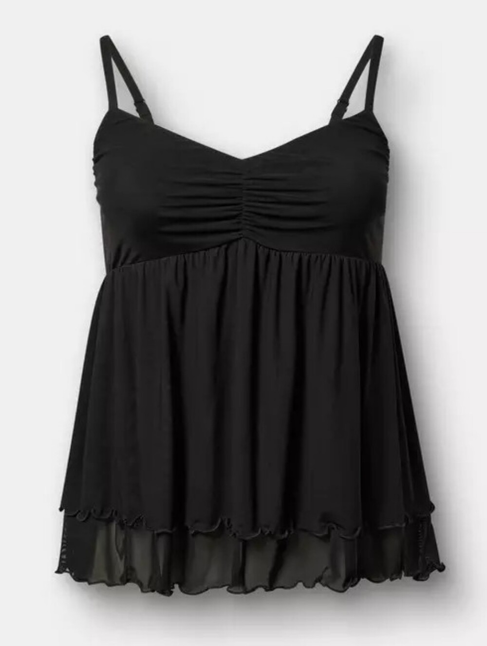 NWT Torrid 0 Black Mesh V Neck Babydoll Cami Ruched Layered Y2K Top